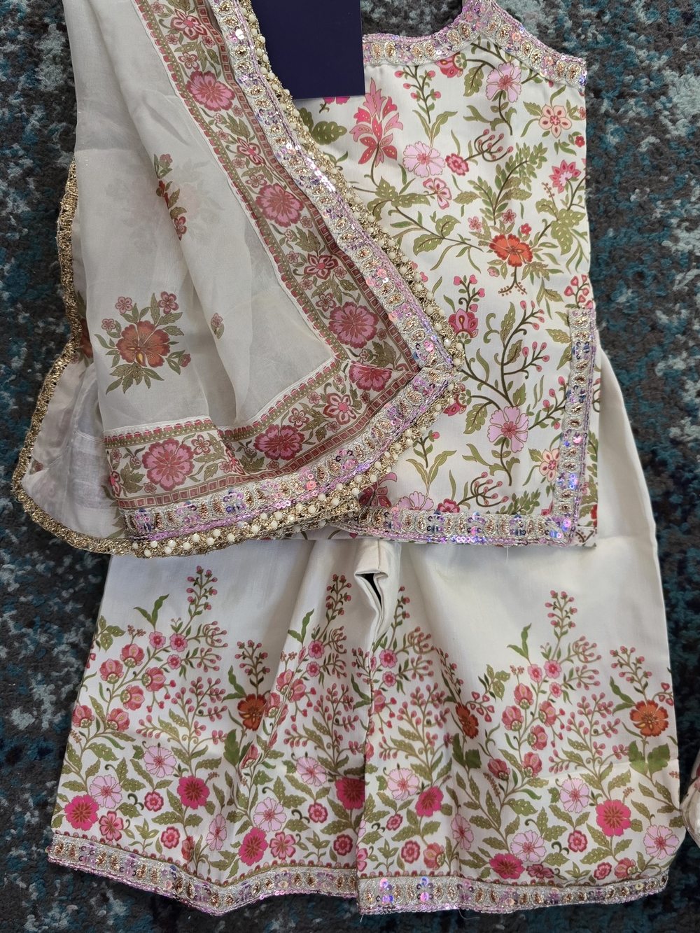Girls Floral Embroidered Ivory and Pink Festive Indian Dress